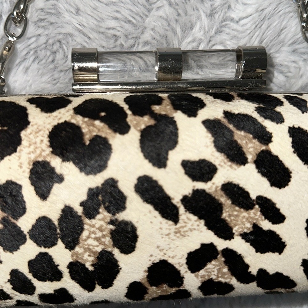 White House Black Market Leopard Haircalf Box Clutch Silver Chain Bag - Picture 2 of 12